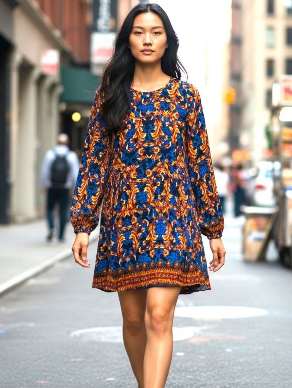 JODIFL Blue Orange Floral Shift Dress Scoop Neck Balloon Sleeves Flaw* NWT Sz LG
